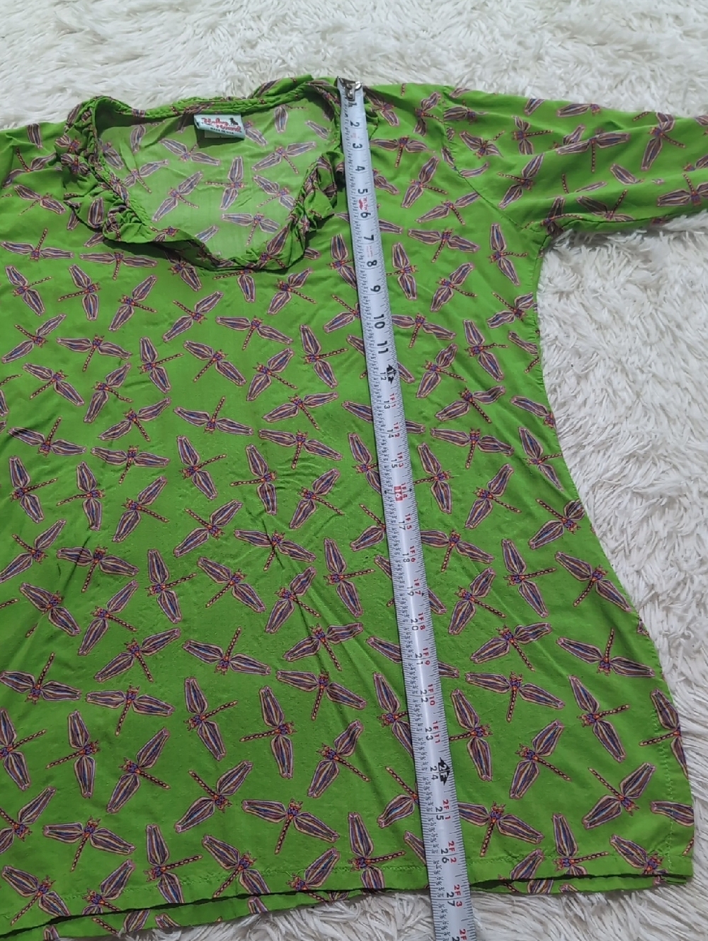 Haley & The Hound Rainbow Dragonfly Print Green Ruffle Neck 3/4 Sleeve Tunic - Picture 10 of 10